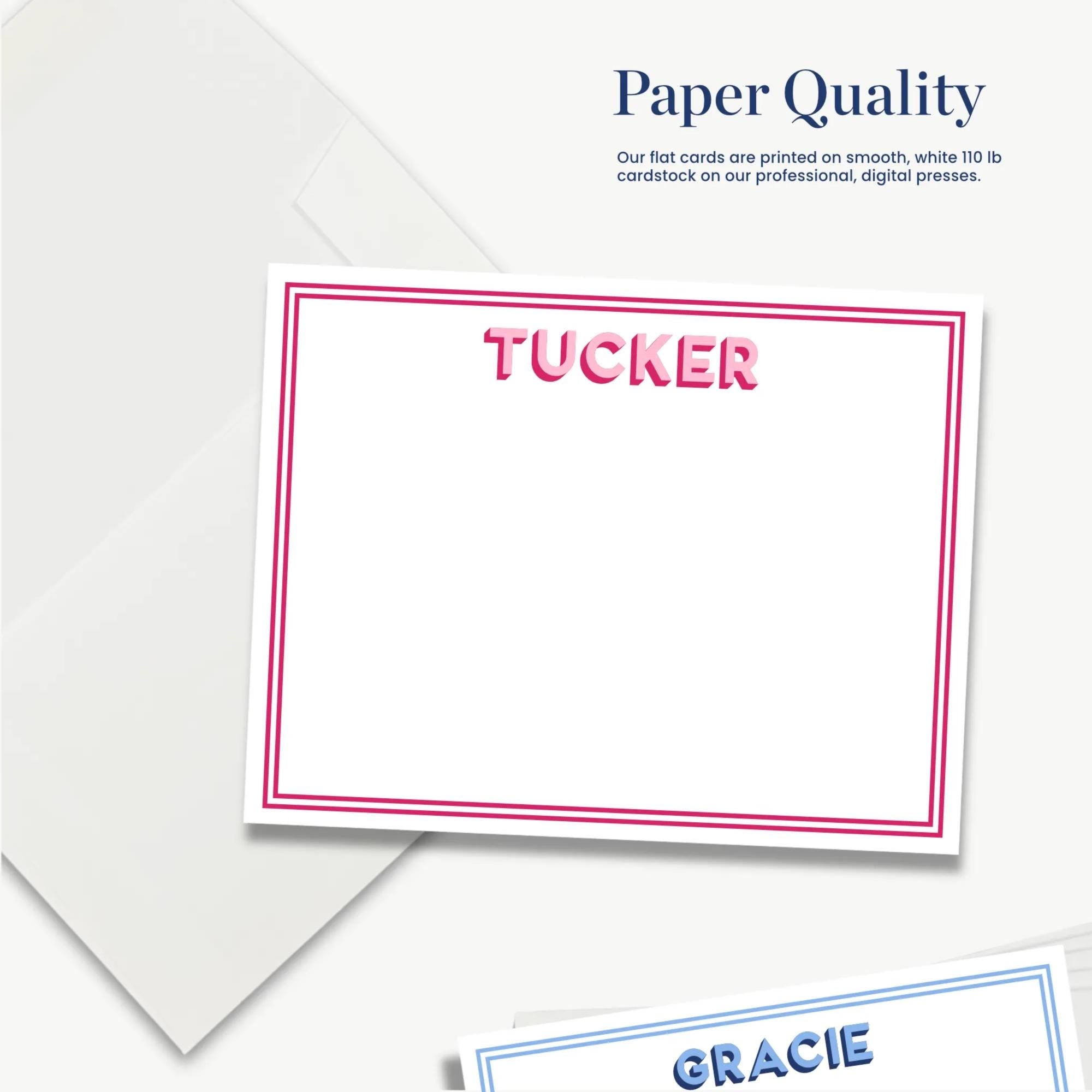 The image is a collage of two blank personalized stationery items, each with a name and a word written on it. The stationery items are placed on a white background.