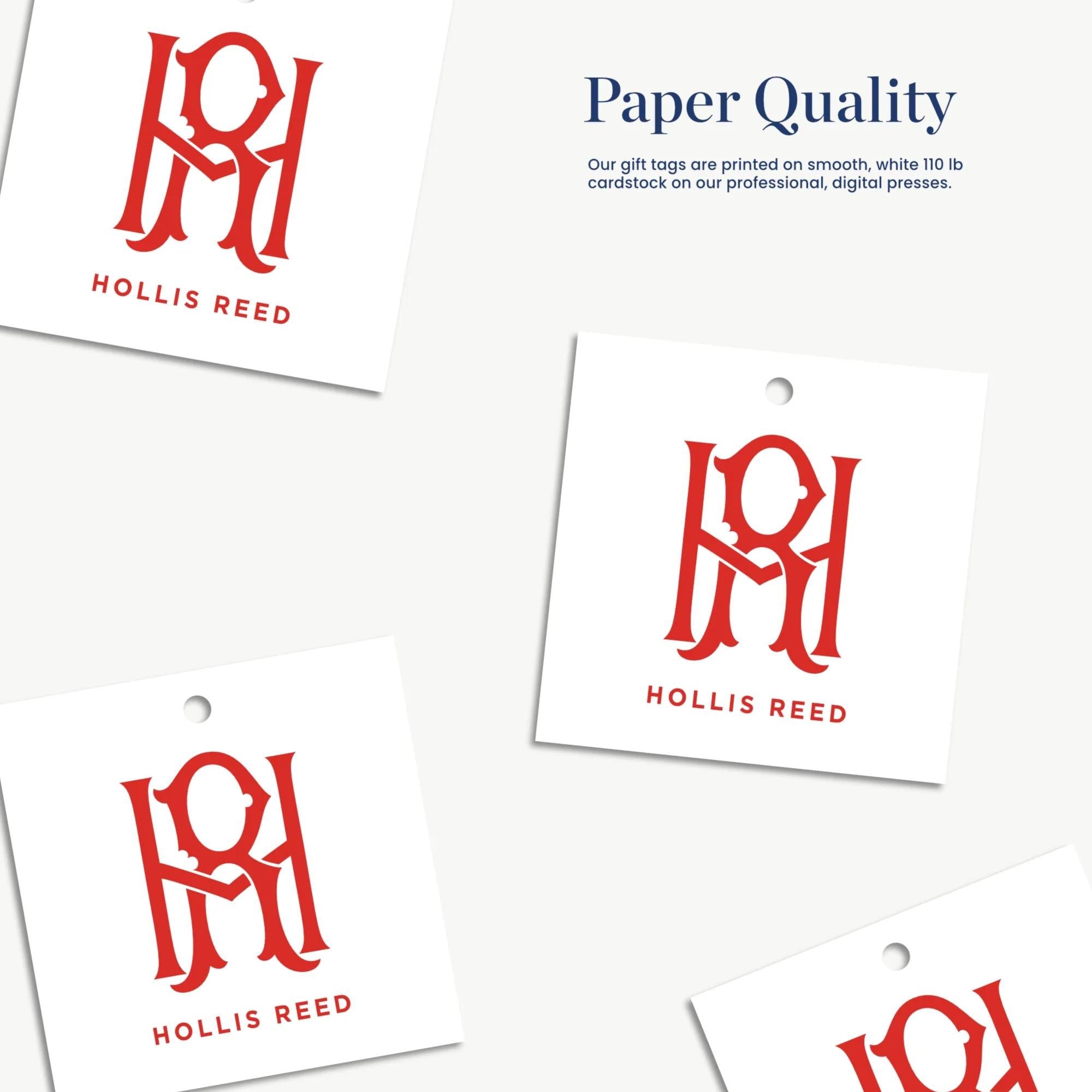 a collection of four identical tags, each featuring the logo of Hollis Reed, a company known for its professional digital prints. The tags are printed on smooth, white paper and are designed to be used as gift tags. The text on the tags indicates that the gift tags are printed on smooth, white paper and are intended for professional digital presentations.
