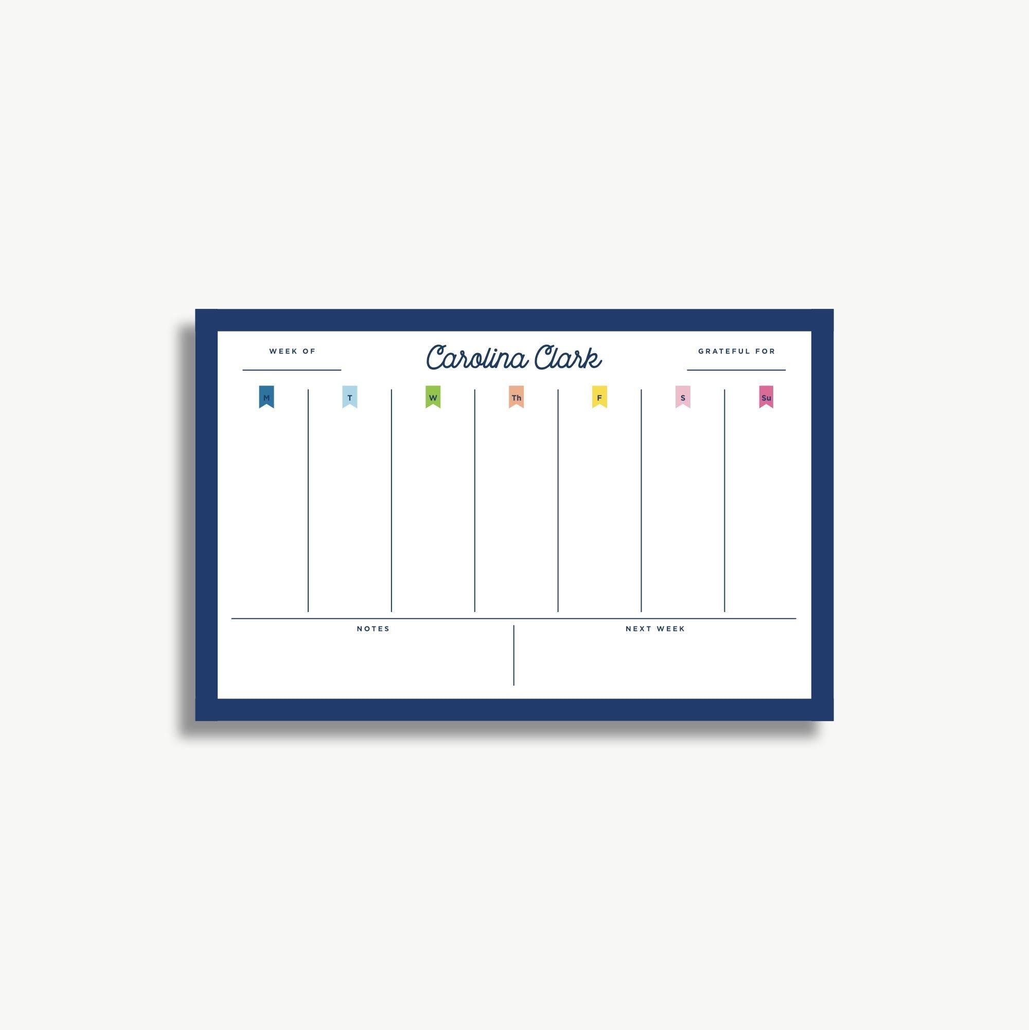 The image is a blue and white weekly schedule or calendar with the name "Carolina Clark" written in the top left corner.