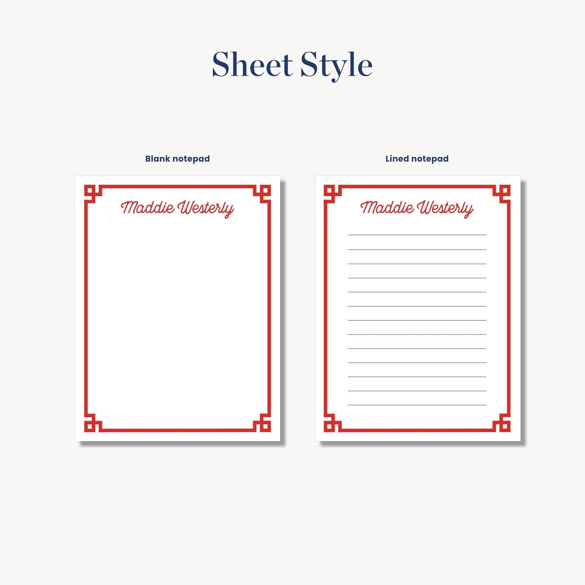 two blank notepads with red frames, each with a blank page inside. The notepads are labeled as "Maddie Westerly" and "Maddie Westerly" respectively.