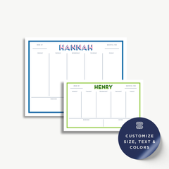 two blank planners or schedules, each with a different color and name. The larger one is blue and has the name "Hannah" written on it, while the smaller one is green and has the name "Henry" written on it. The image also includes a sticker that says "Customize size, text & colors".