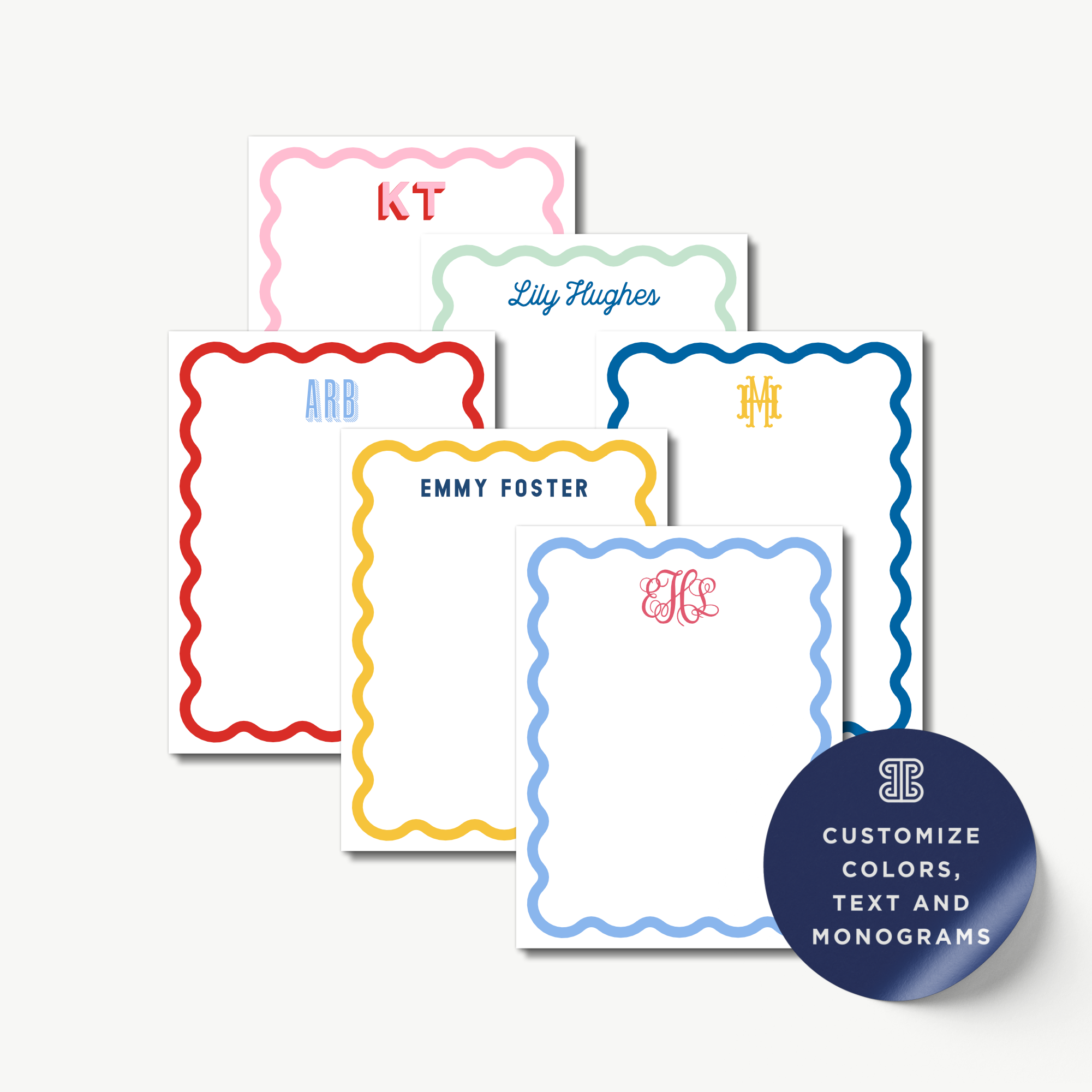 a collection of personalized stationery items, including name cards and monogrammed designs. The stationery items feature scalloped edges and monogrammed initials or names, such as 'KT', 'Lily Hughes', 'ARB', 'Emmy Foster', and 'H M'. The stationery items are arranged in a row, showcasing the variety of designs available for customization.