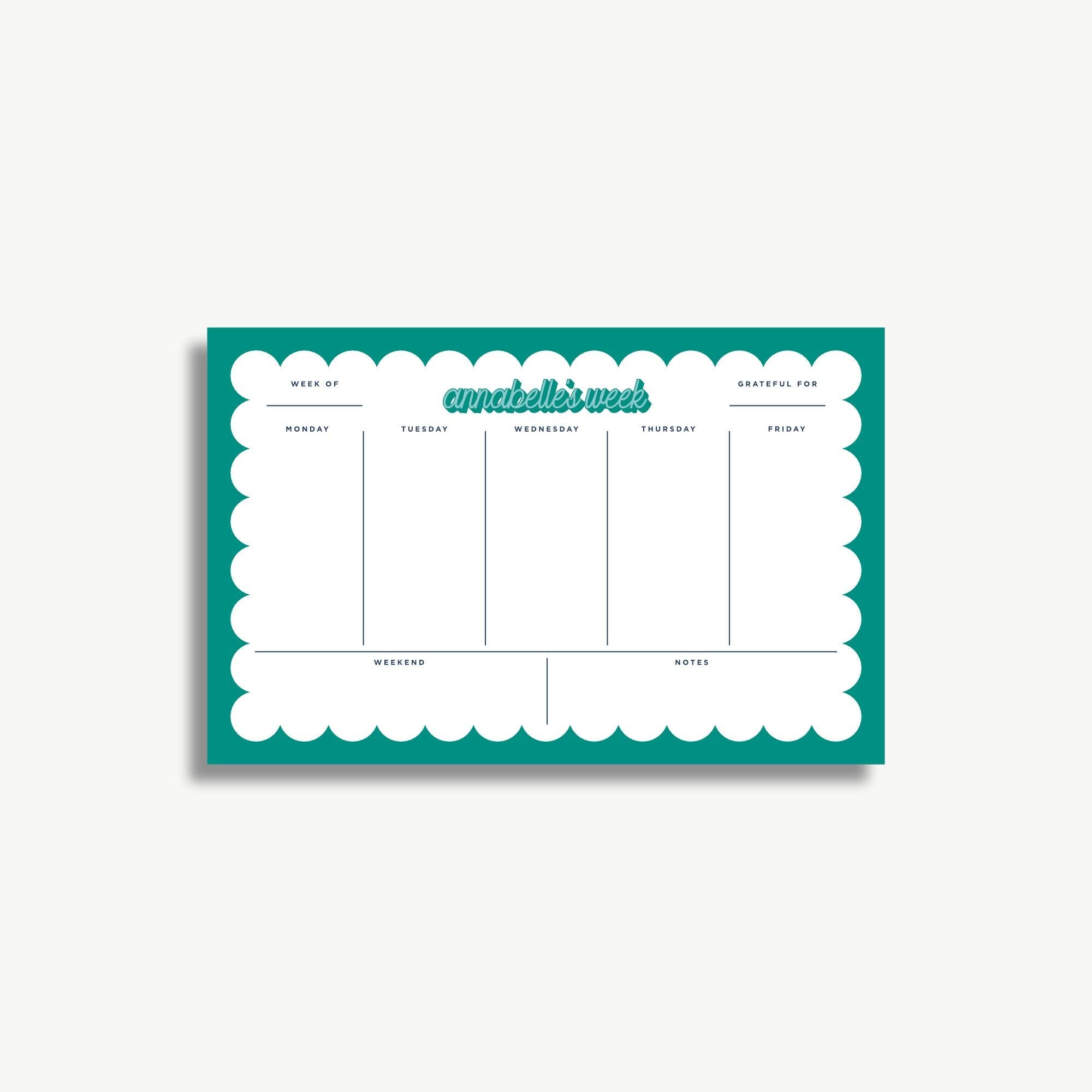 The image is a colorful and organized weekly schedule or planner with a teal border and a scalloped edge. It includes a title at the top, a grid layout with days of the week, and sections for notes and activities.