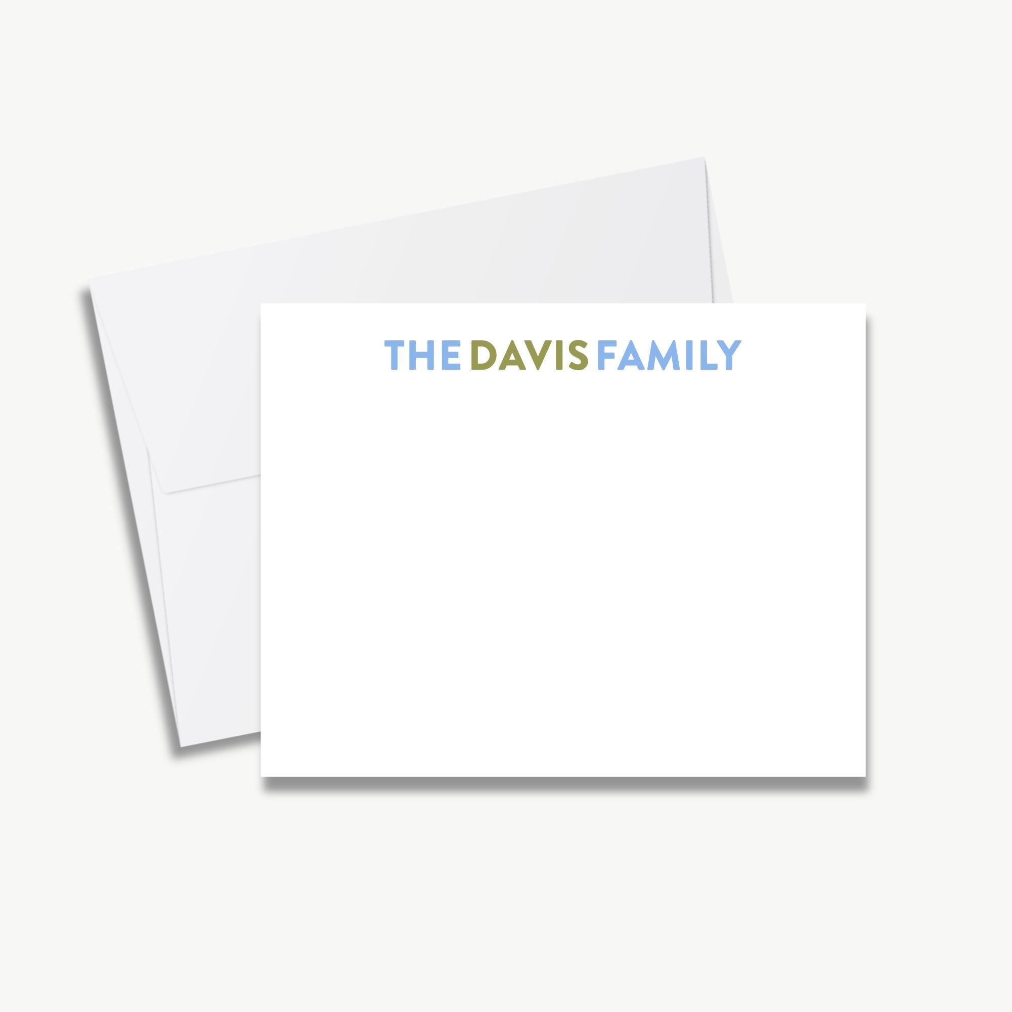 A blank white card with the text "THE DAVIS FAMILY" printed on it.