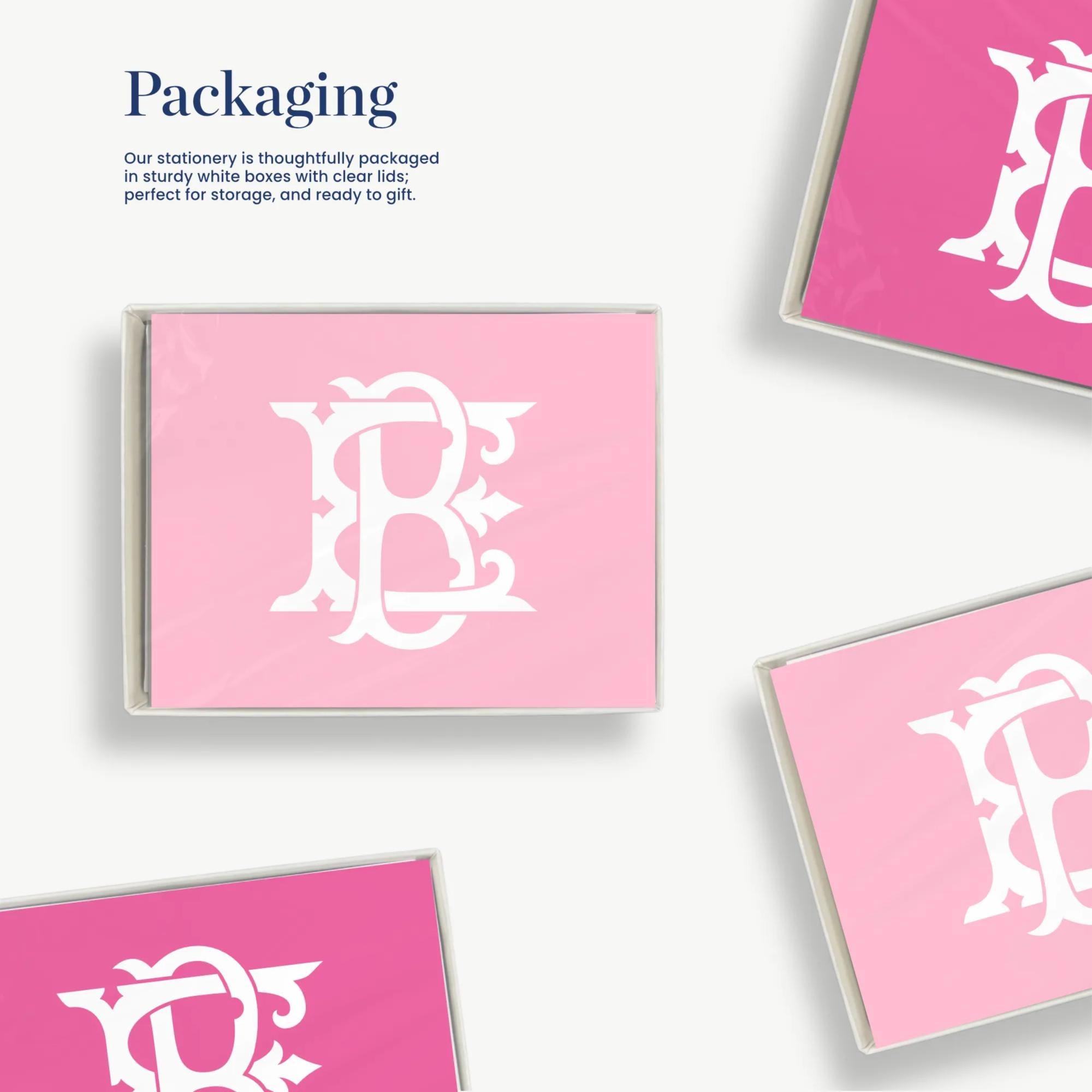 a collection of pink and white square cards or envelopes with a monogram design, specifically the letters 'B' and 'E'.