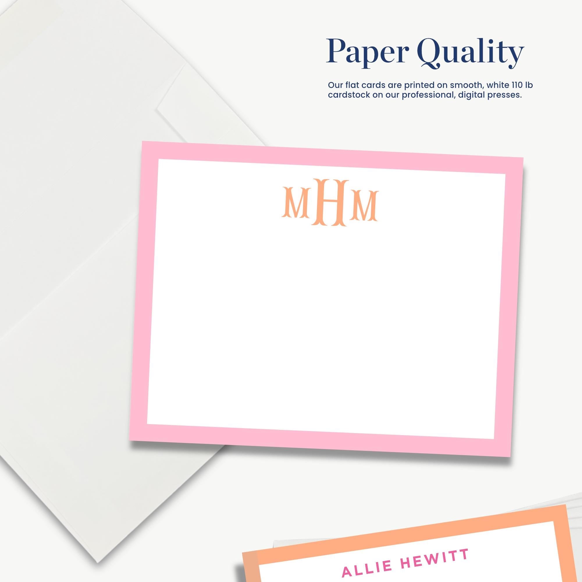 a set of paper cards with a pink border and a blank white center. The text above the cards reads "Paper Quality" and below it, "Our flat cards are printed on smooth, white 110 lb cardstock on our professional, digital presses."