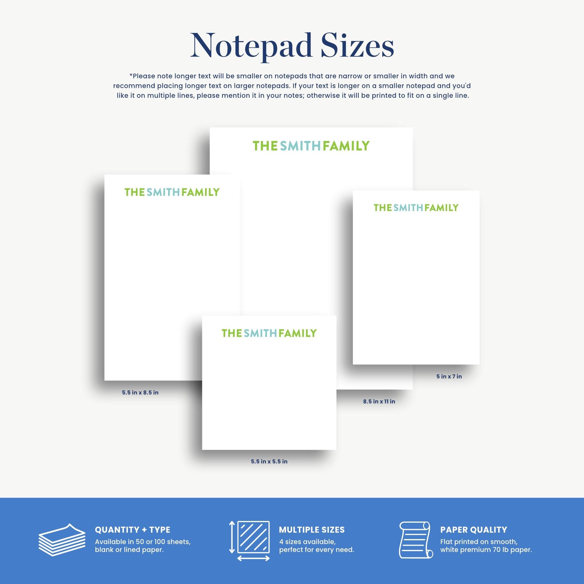 a variety of notepad sizes, including 5.5 x 8.5 inches, 5.5 x 8.5 inches, and 8.5 x 11 inches, as well as blank and lined paper options. The image also provides information about the paper quality, including the ability to print in multiple sizes, the paper quality, and the paper type.