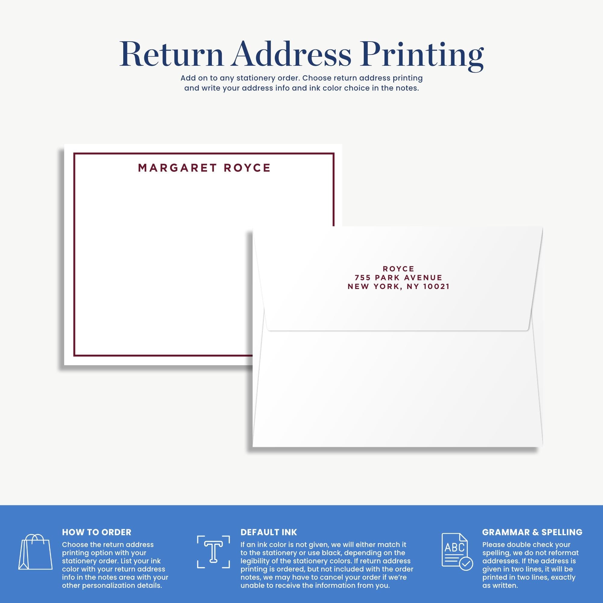 The image is a return address printing guide that provides instructions on how to order a return address, including the choice of return address printing and the option to write the address in the notes.