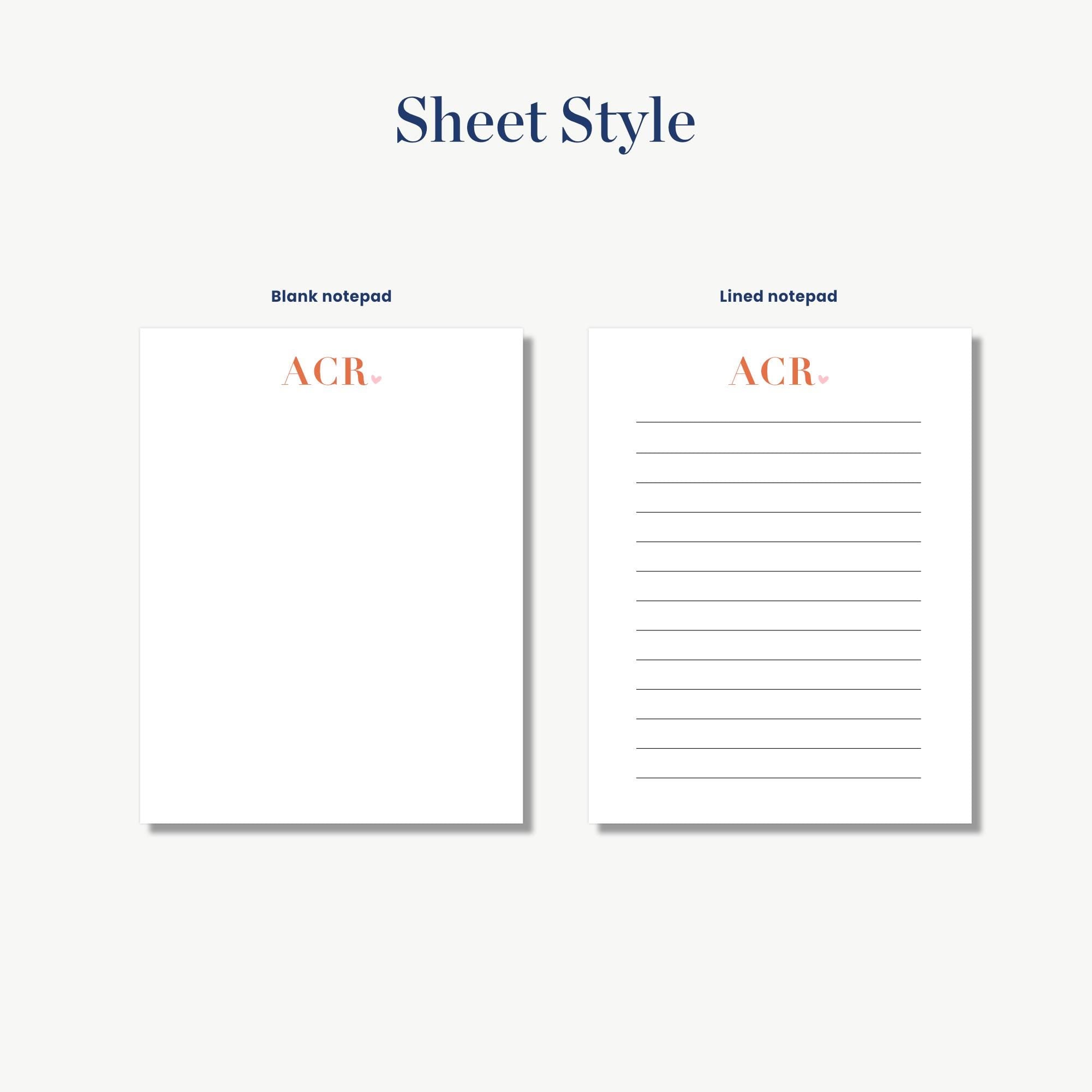 two blank notepads with the same design, labeled as "ACR" and "ACR Lined notepad".