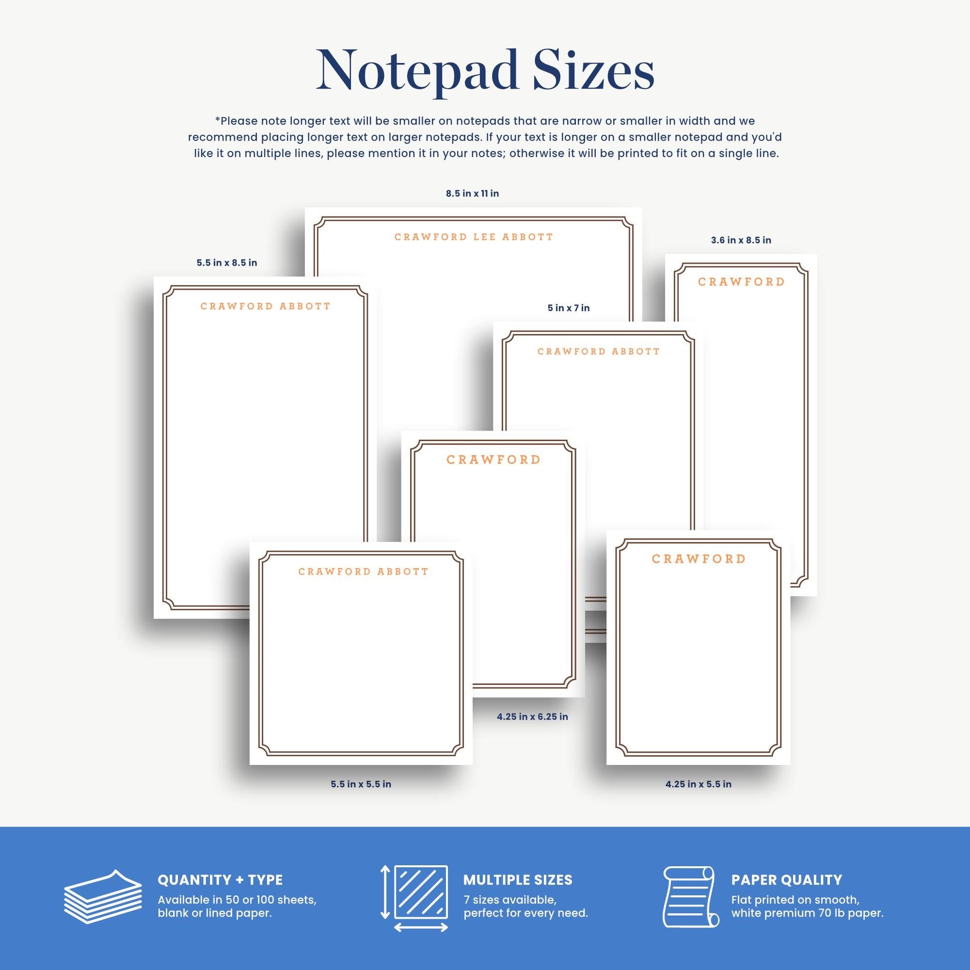 a variety of notepad sizes, including different shapes and dimensions, such as 5.5 x 5.5 inches, 5.5 x 5.6 inches, and 5.5 x 5.6 inches.