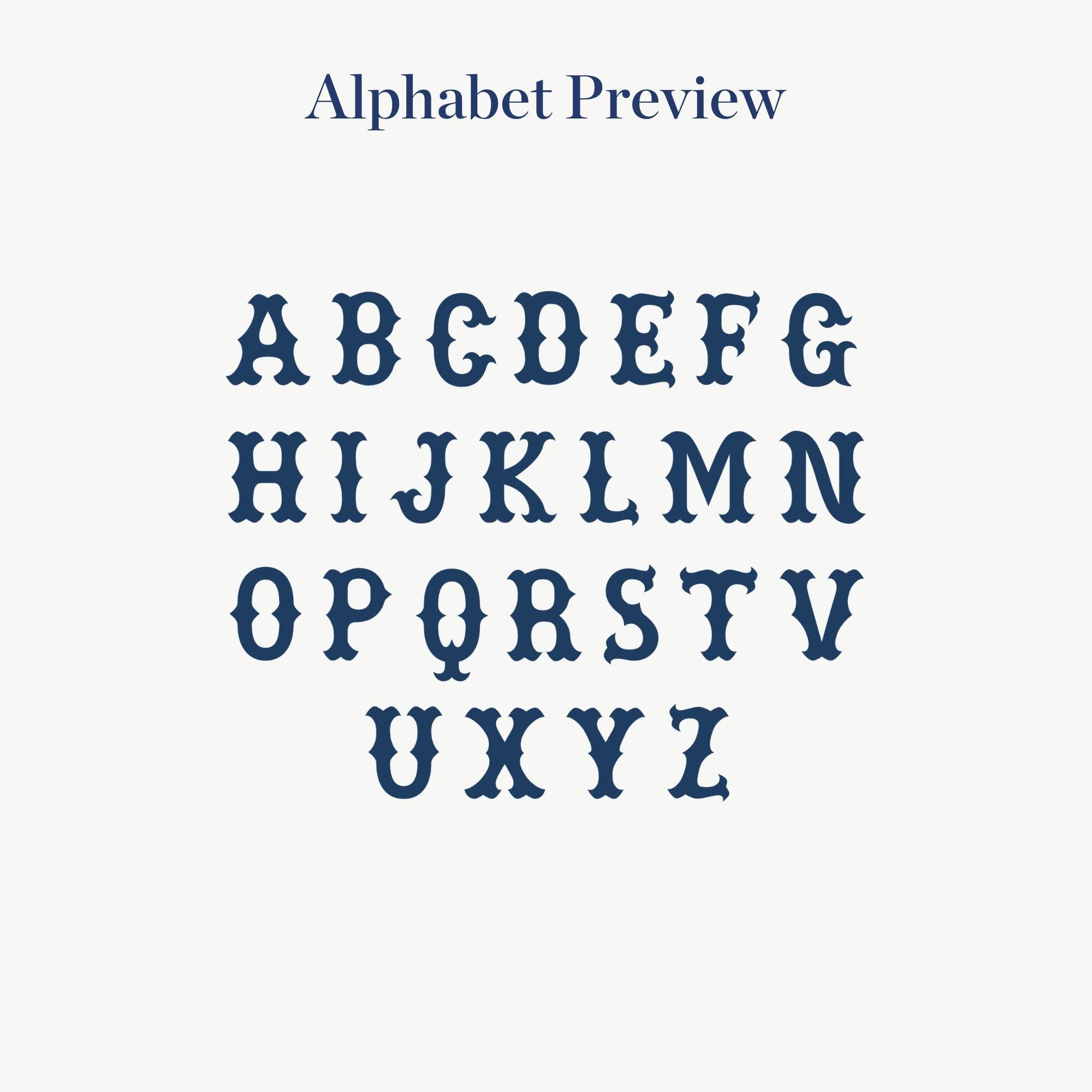 The image is an alphabet preview featuring the letters A to Z in a stylized font.