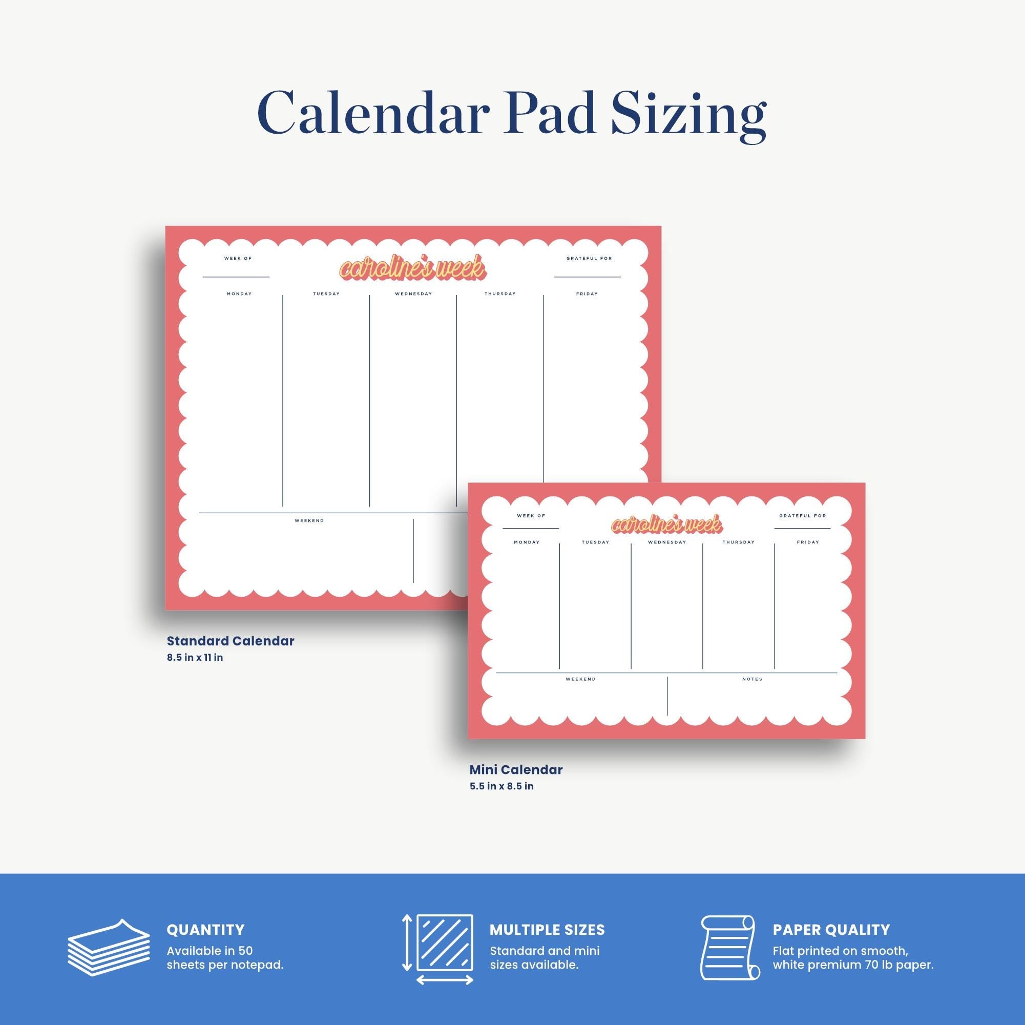 two different sizes of calendar pads, with text indicating their features and dimensions.