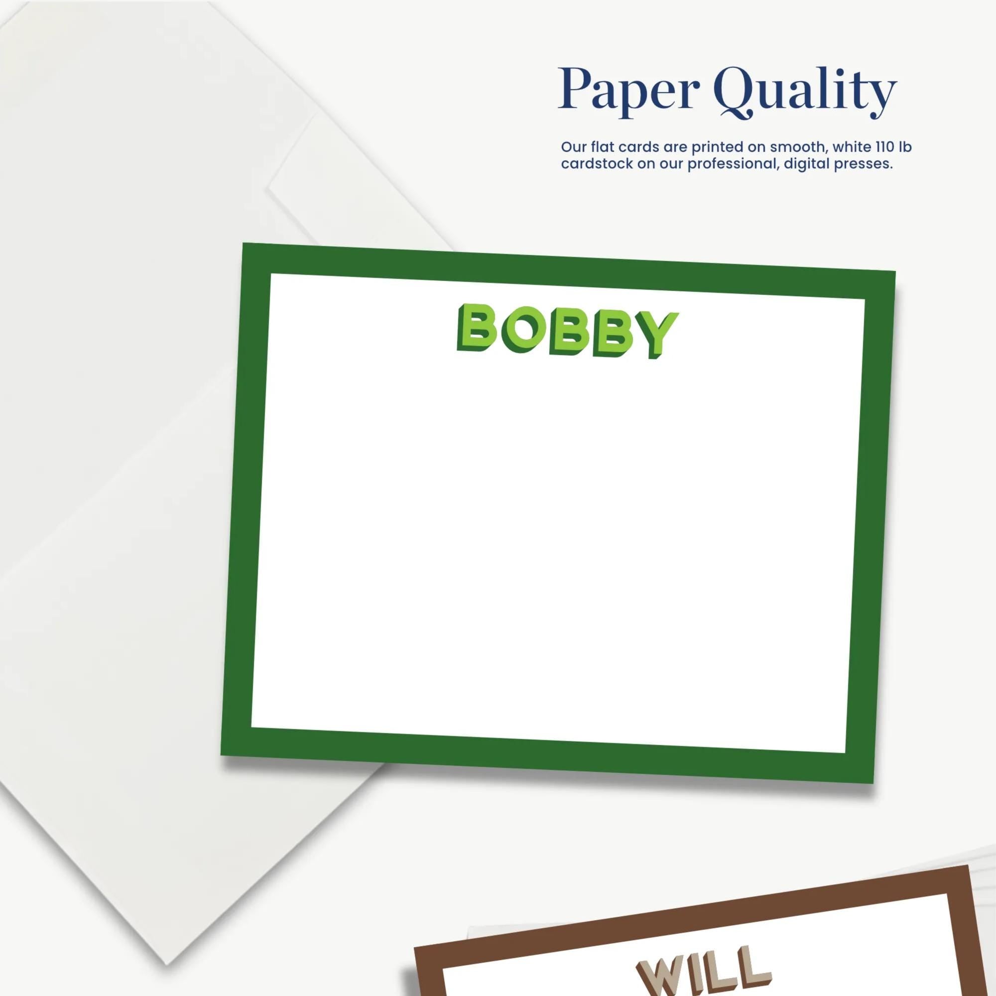 The image is a collection of greeting cards with a focus on the word "BOBBY" and the word "WILL" on them. The cards are printed on smooth, white 10 lb cardstock, and they are placed on a white background.