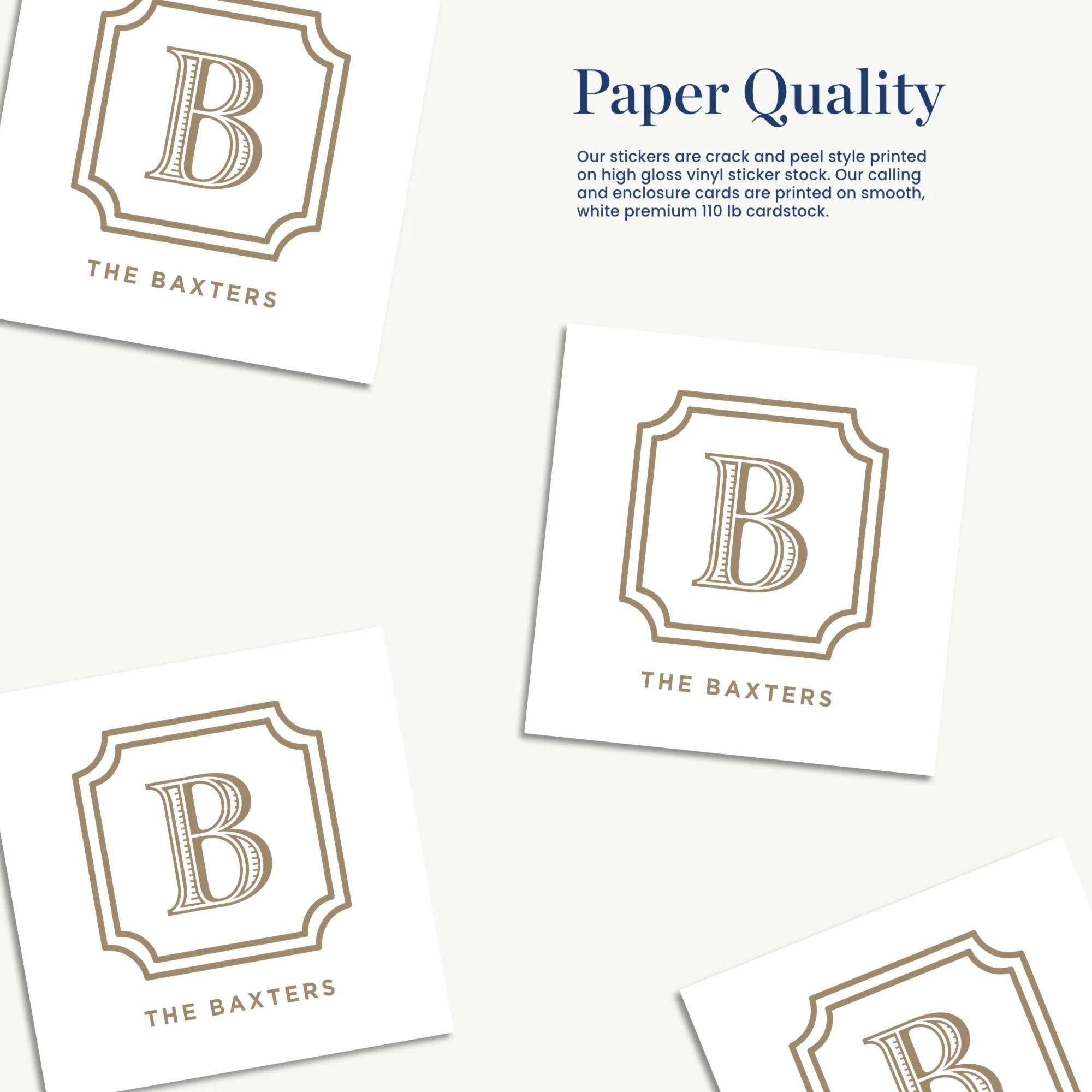 a collection of four stickers with the same design, featuring a large "B" in a decorative border.