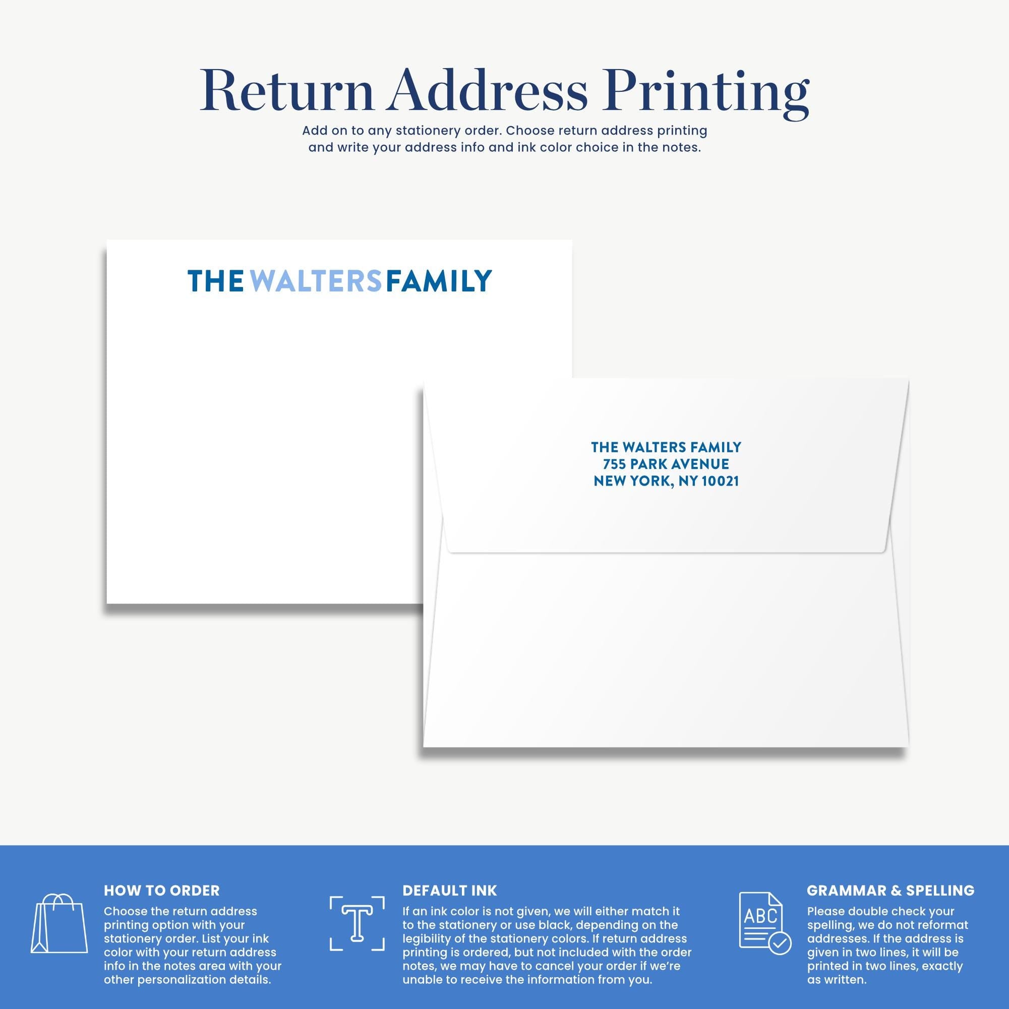 The image is a return address printing guide that provides instructions on how to order a return address, including the choice of return address printing and the option to write the address in the notes.