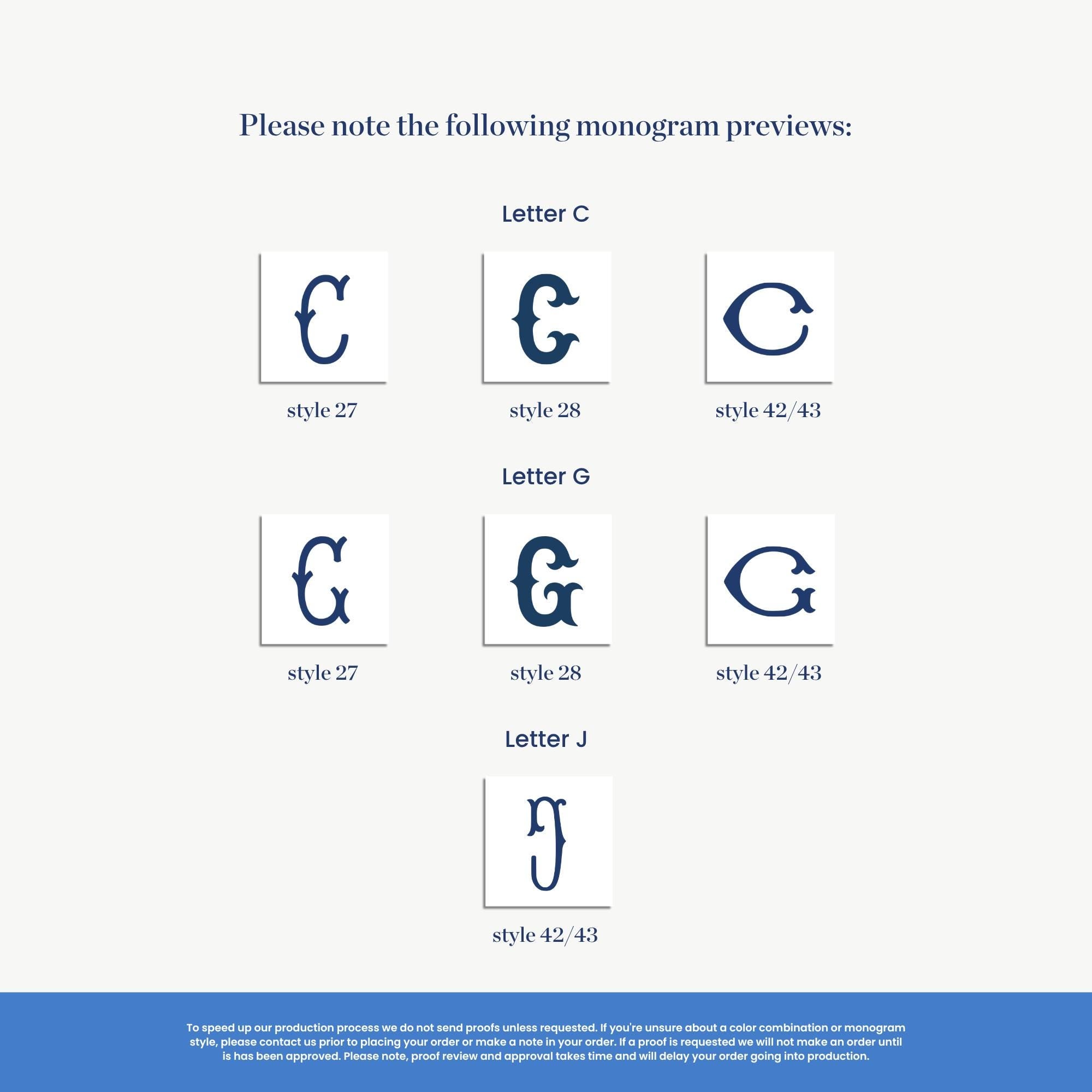 monogram preview examples for different styles of letters and gothic script, including C, G, J, and others.