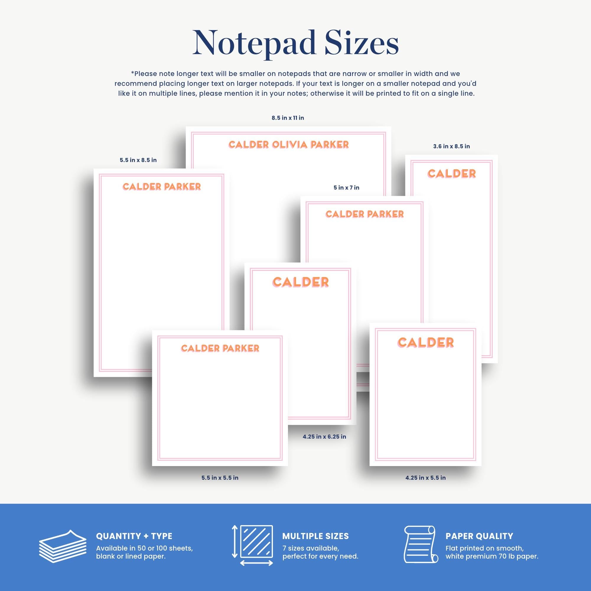 a variety of notepad sizes, including different dimensions and types, such as blank or lined paper.