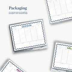 a collection of calendar pads with names and dates, arranged in a way that suggests they are thoughtfully packaged in clear cellulose bags.