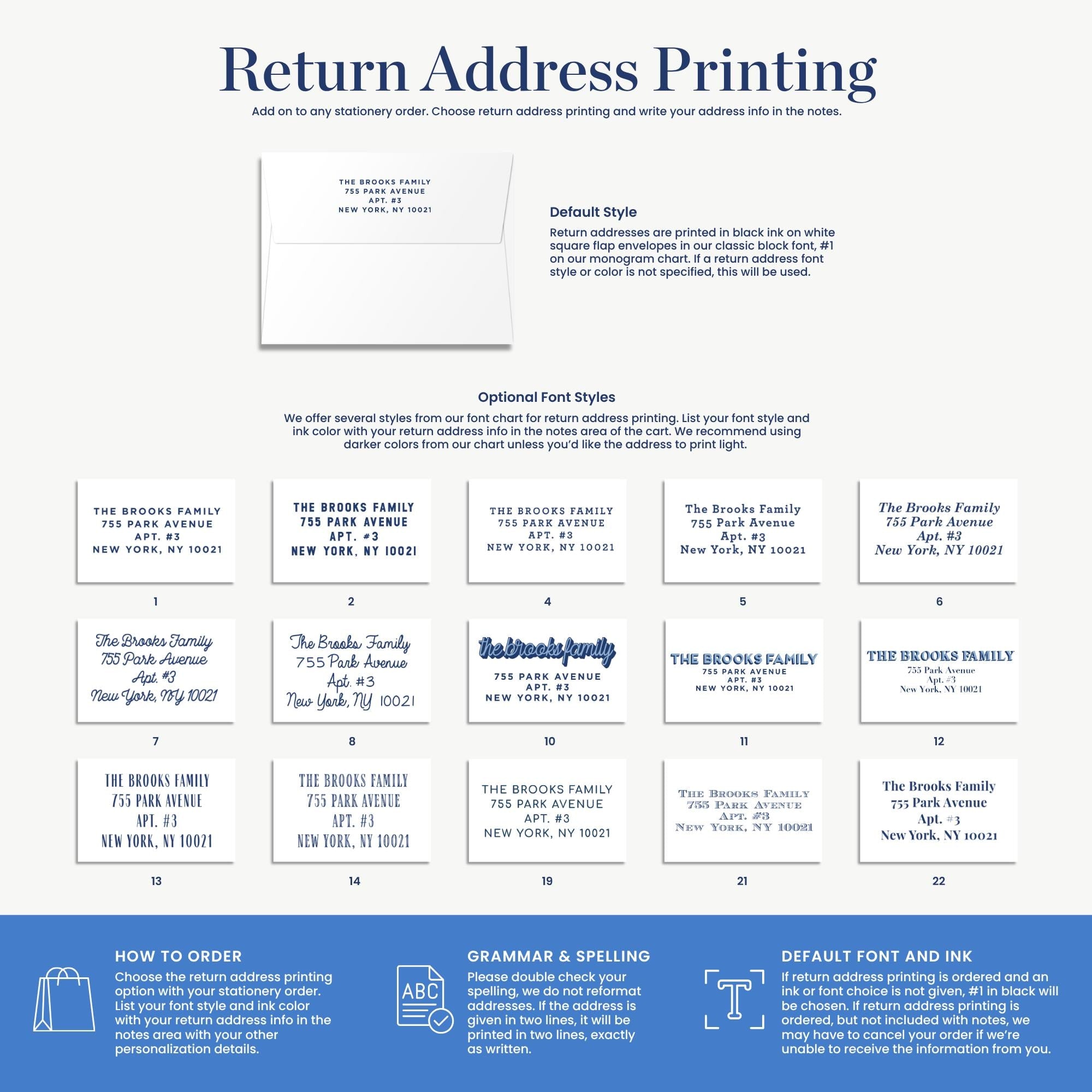 The image is a collection of various return address printing options, including different font styles and address formats. It provides instructions on how to order return address printing and includes a list of font styles and address formats to choose from.