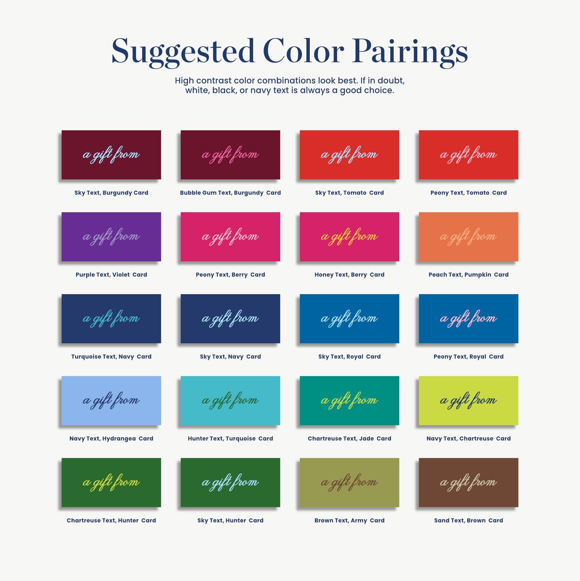 a collection of suggested color pairings for gift cards, including combinations of high contrast colors such as white, black, and navy. The text suggests that high contrast color combinations are always a good choice, and the image is a collage of various color card designs.