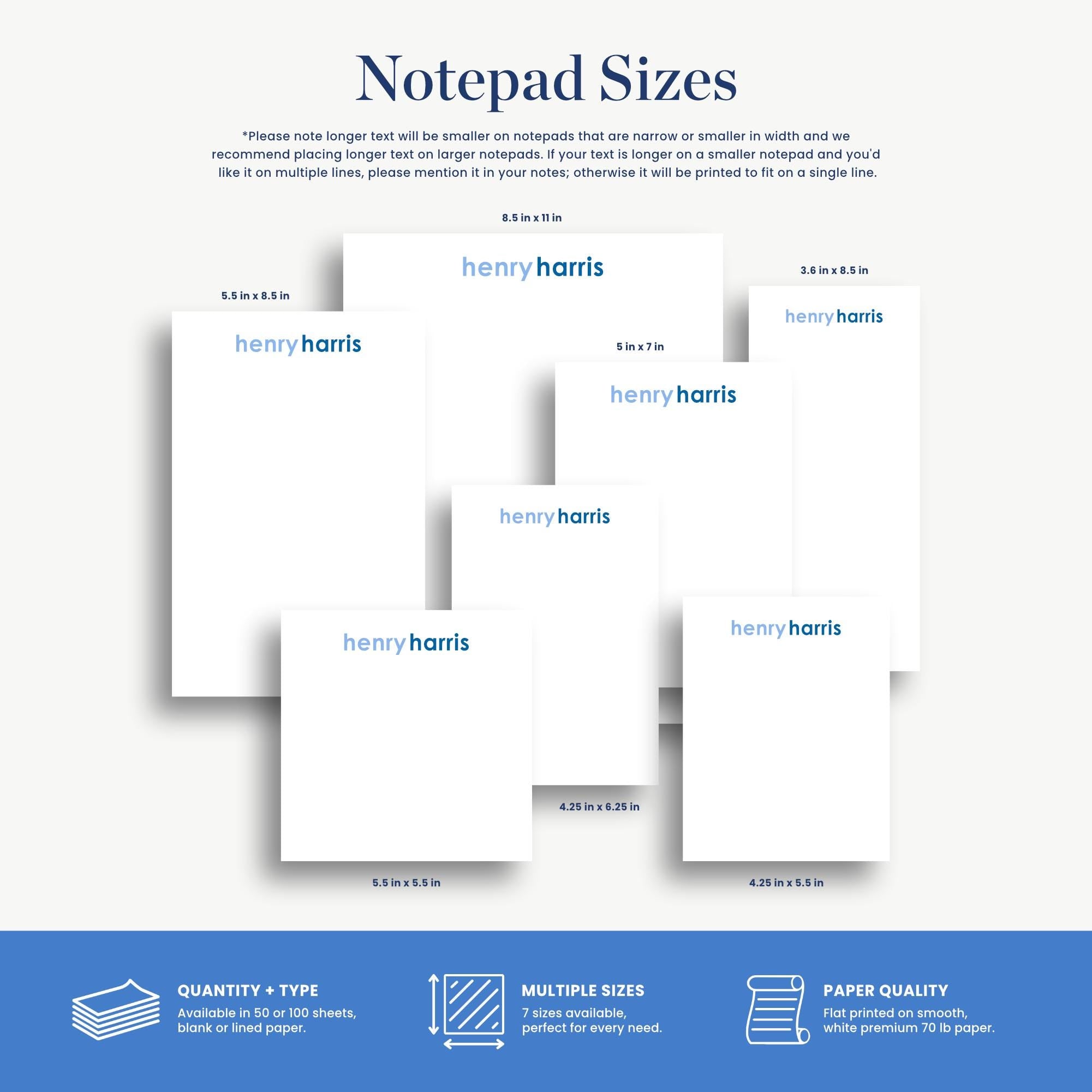a variety of notebook sizes, including Henry Harris, with different dimensions ranging from 5.5 x 5.5 inches to 5.5 x 6.5 inches.
