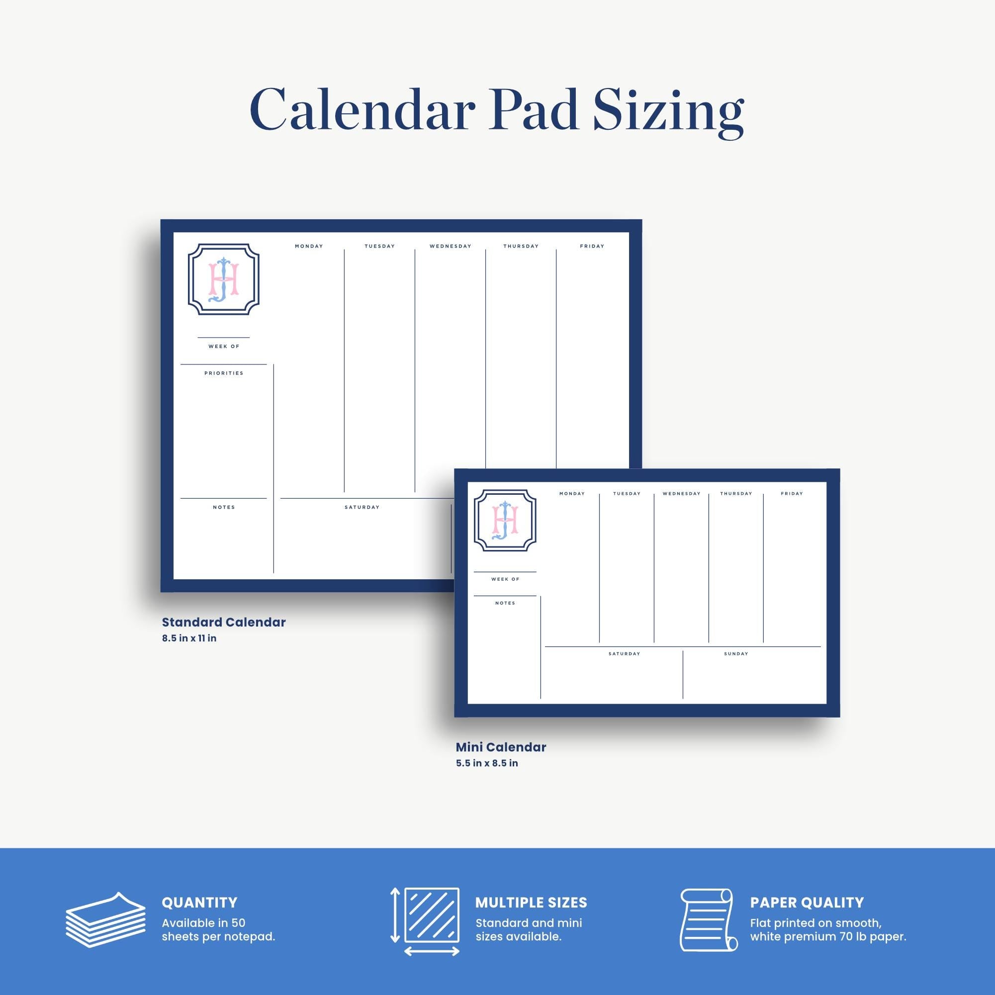 two different sizes of calendar pads, a standard calendar and a mini calendar, both with a blue and white color scheme.