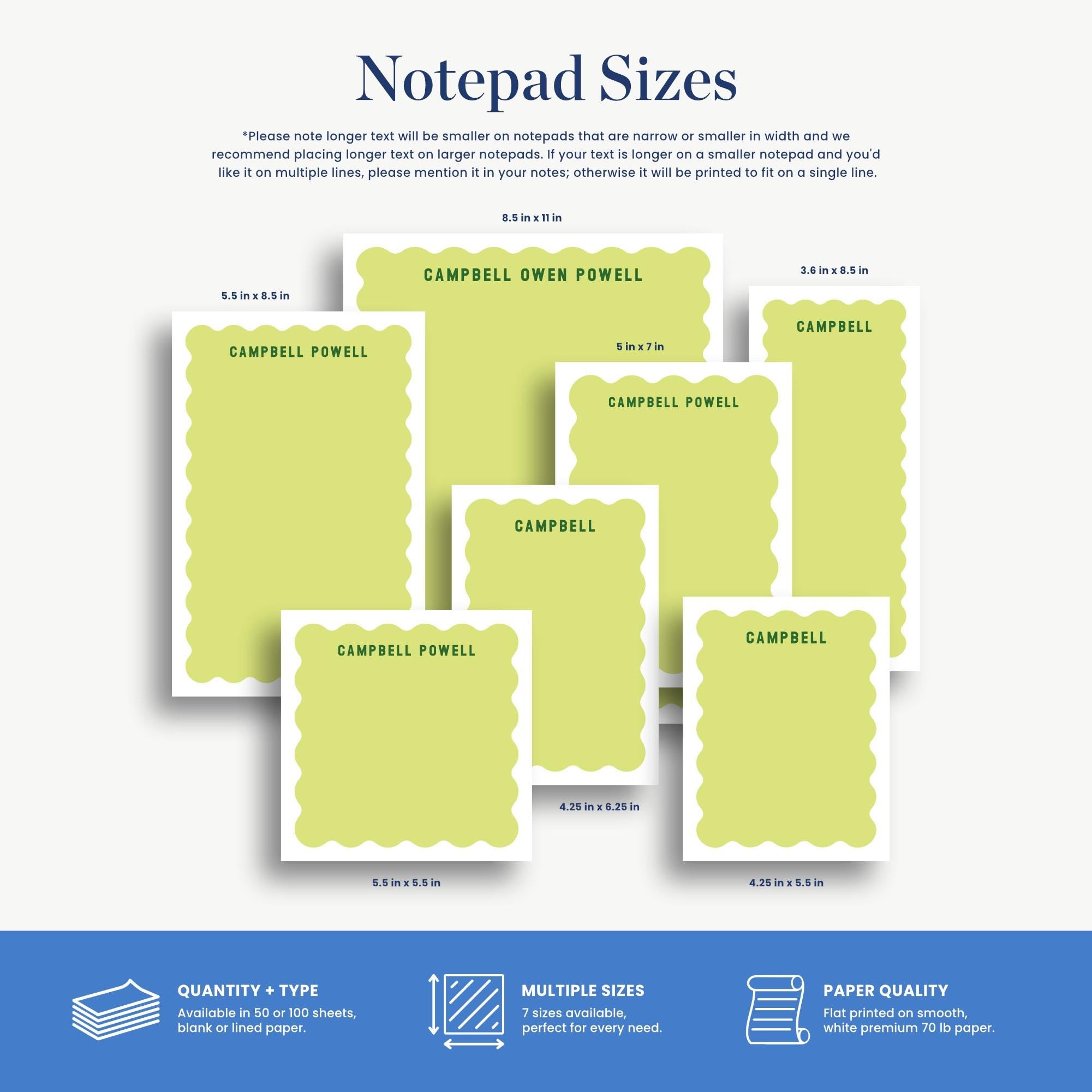 a variety of notepad sizes, including different shapes and dimensions, such as 5.5 x 5.5 inches, 5.5 x 5.6 inches, and 5.5 x 5.6 inches. The image also provides information about the paper quality and quantity, including the option to print on multiple types of paper and the availability of blank or lined paper.