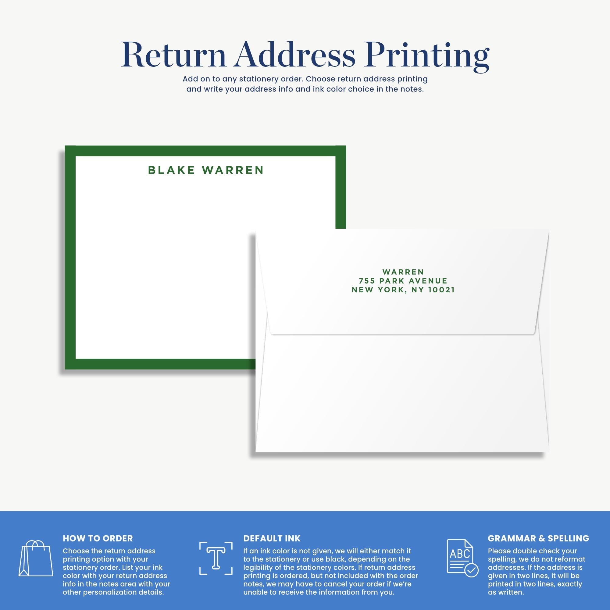 The image is a return address printing guide that provides instructions on how to order a return address. It includes a list of steps to follow, such as choosing the return address, writing the address, and writing the color and type of ink. The guide also mentions that the return address is printed on the envelope, and it advises to double-check the address before mailing.