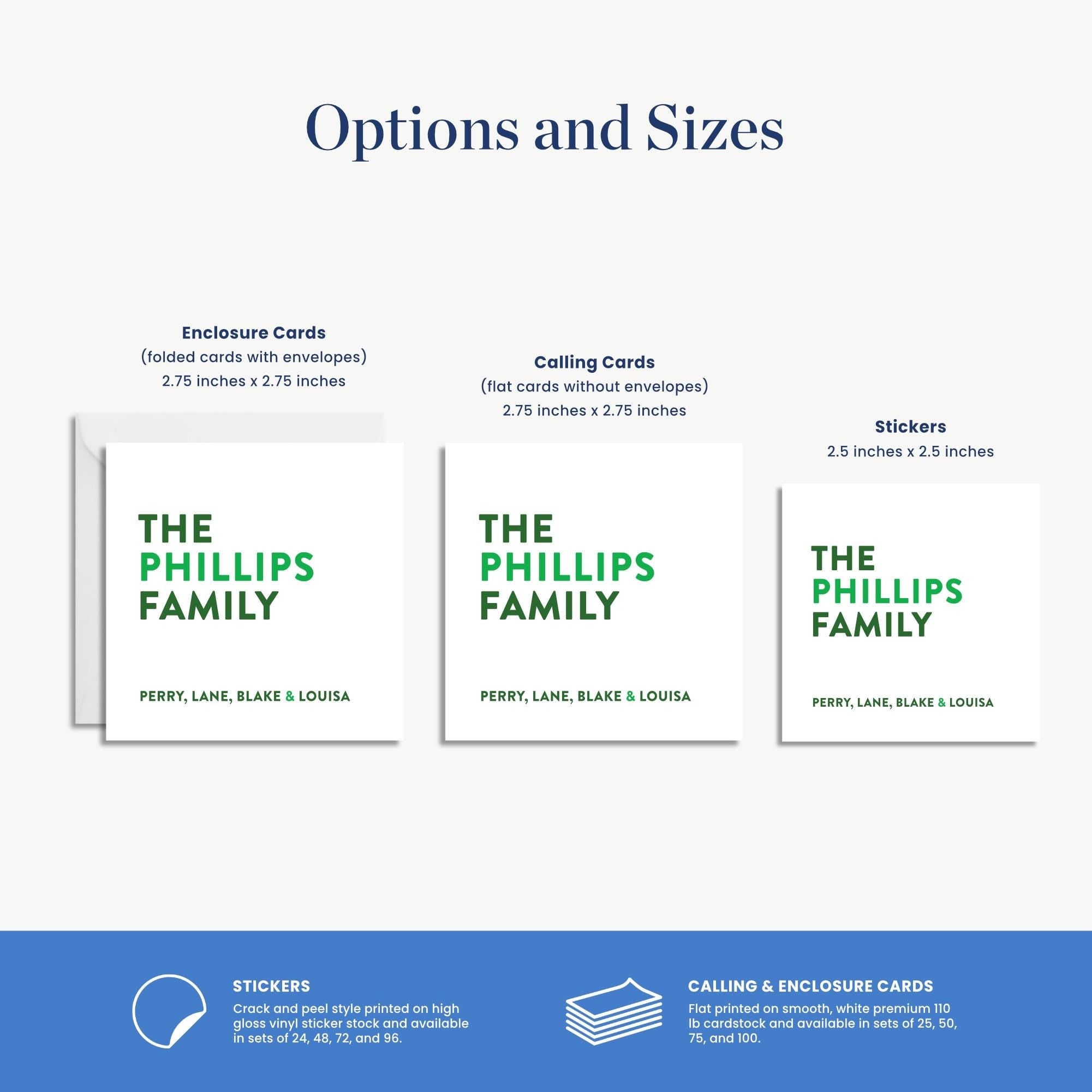 three different options and sizes of enclosures and stickers, as well as information about how to print and use stickers and calling and enclosure cards.
