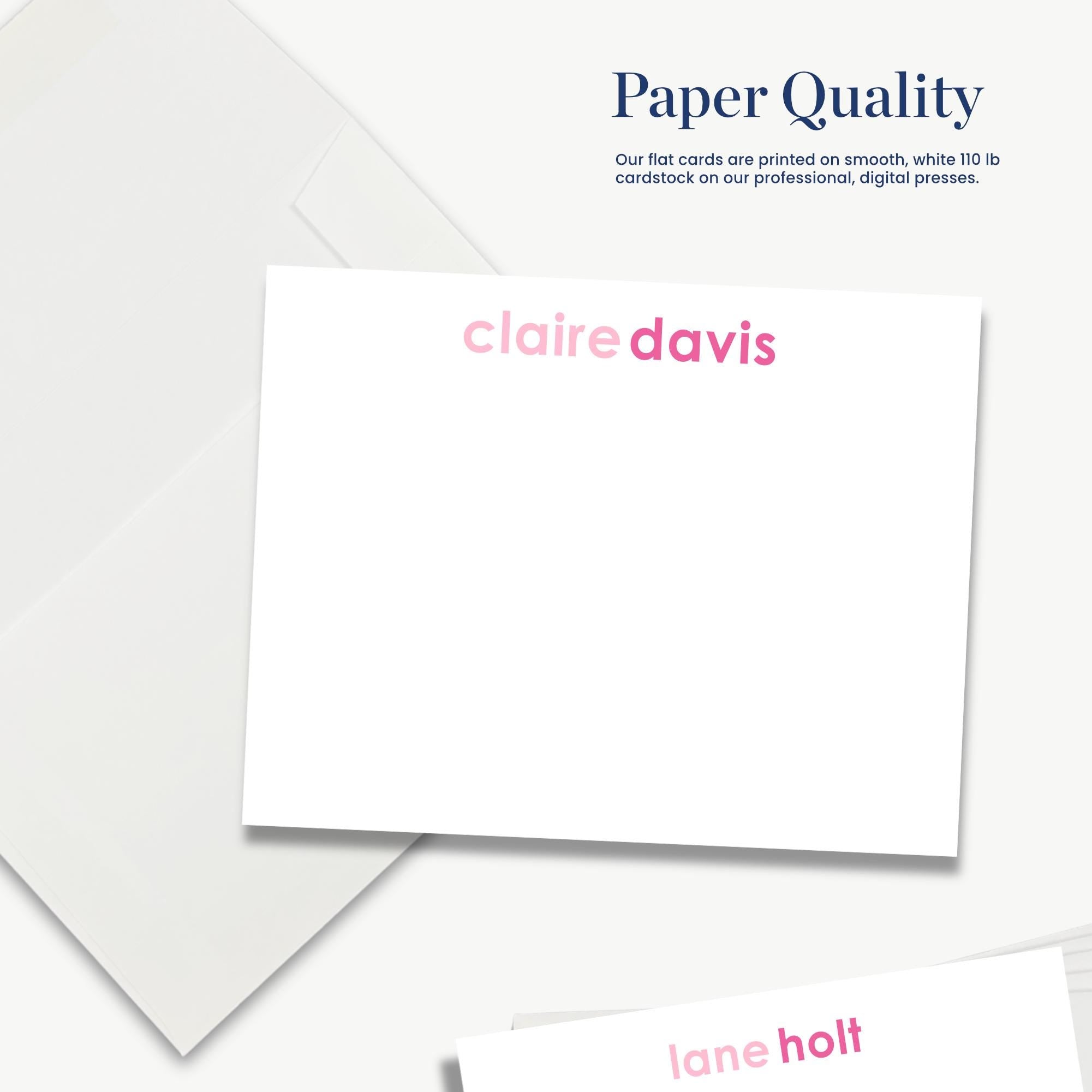 The image is a collage of multiple images, and the text above the images reads "Paper Quality" and "Our flat cards are printed on smooth, white 110 lb cardstock on our professional, digital presses."