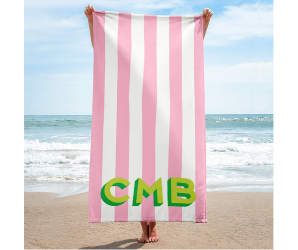Classic Preppy Pink Chevron Letter C Monogram Beach Towel