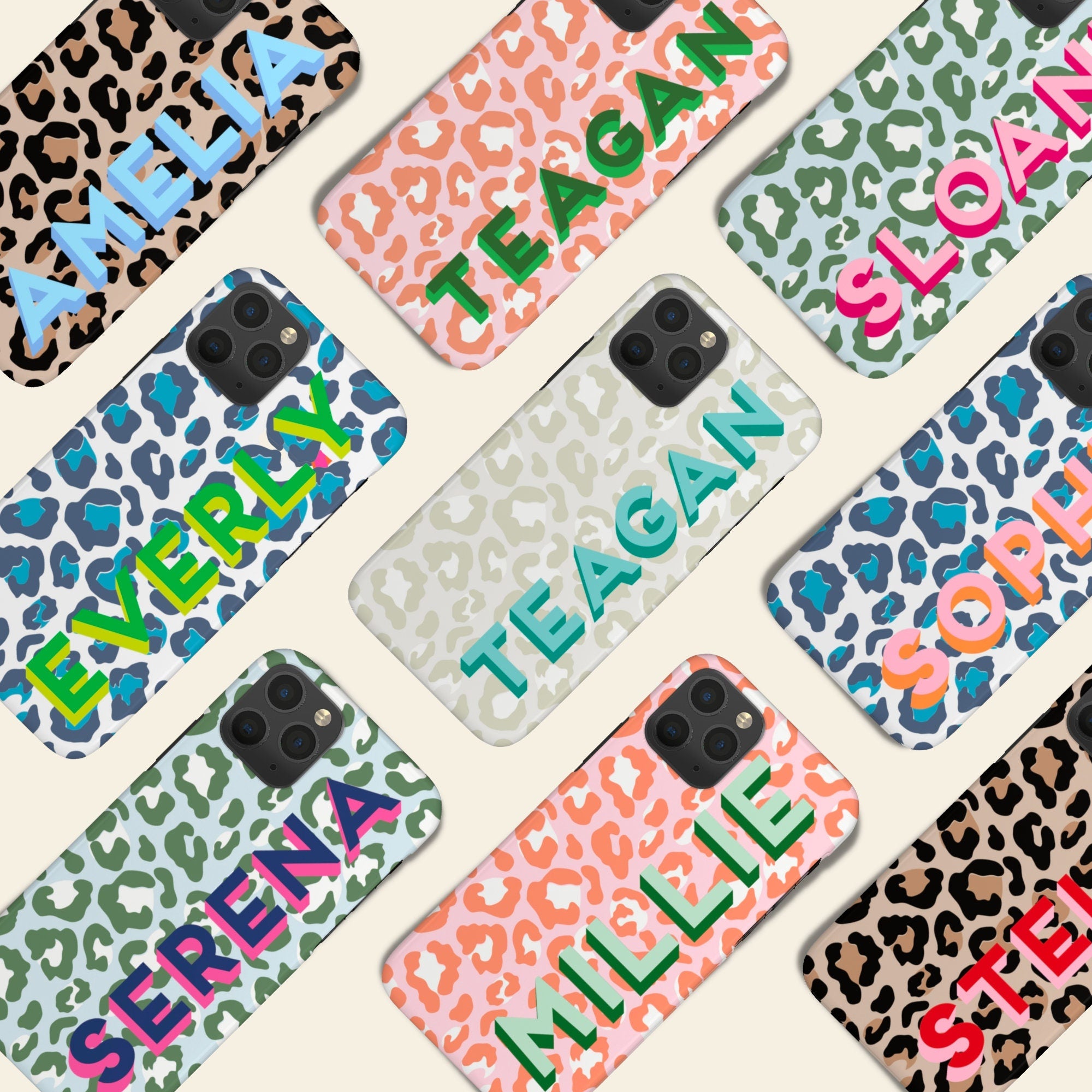 Leopard Shadow Monogram Personalized Name iPhone 12 Case Custom iPhone 13 Pro Case iPhone 11 XS 8 7 Plus XR Samsung Galaxy